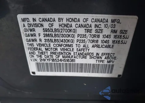 2004 Honda Pilot Ex-L from USA, damaged, VIN 2HKYF18524H516361